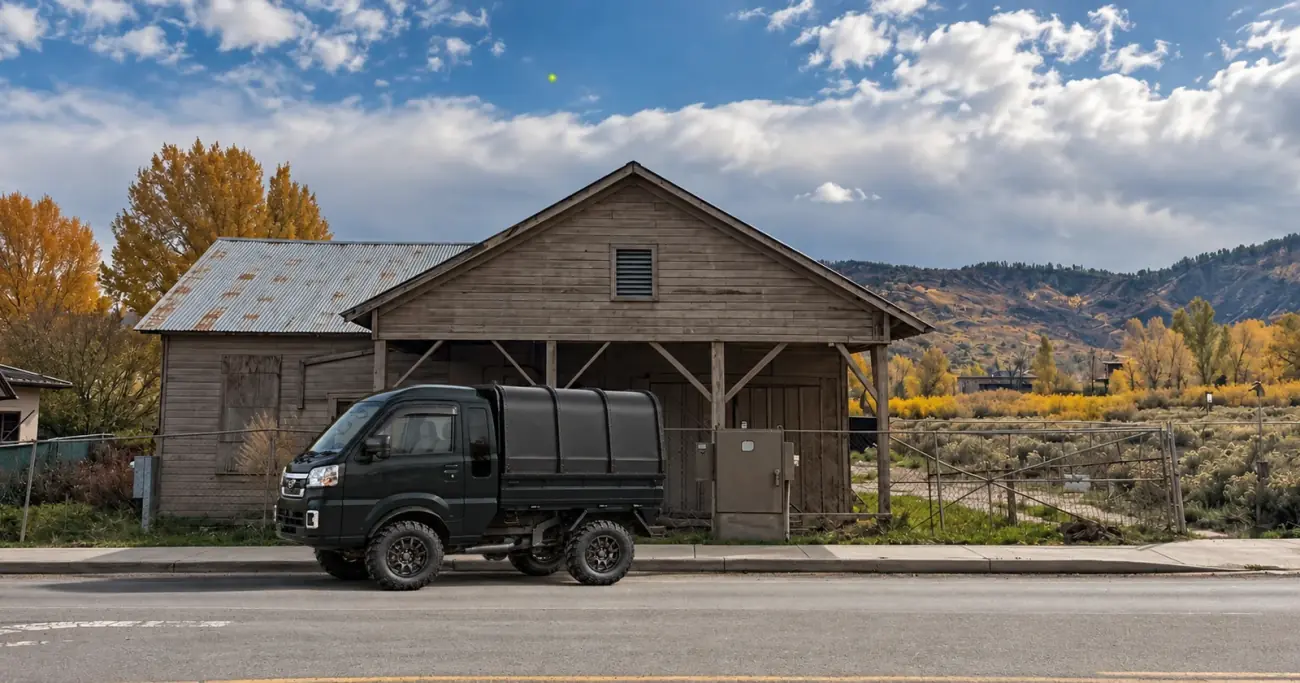 A Graphite Black box truck in front of an old timber station building